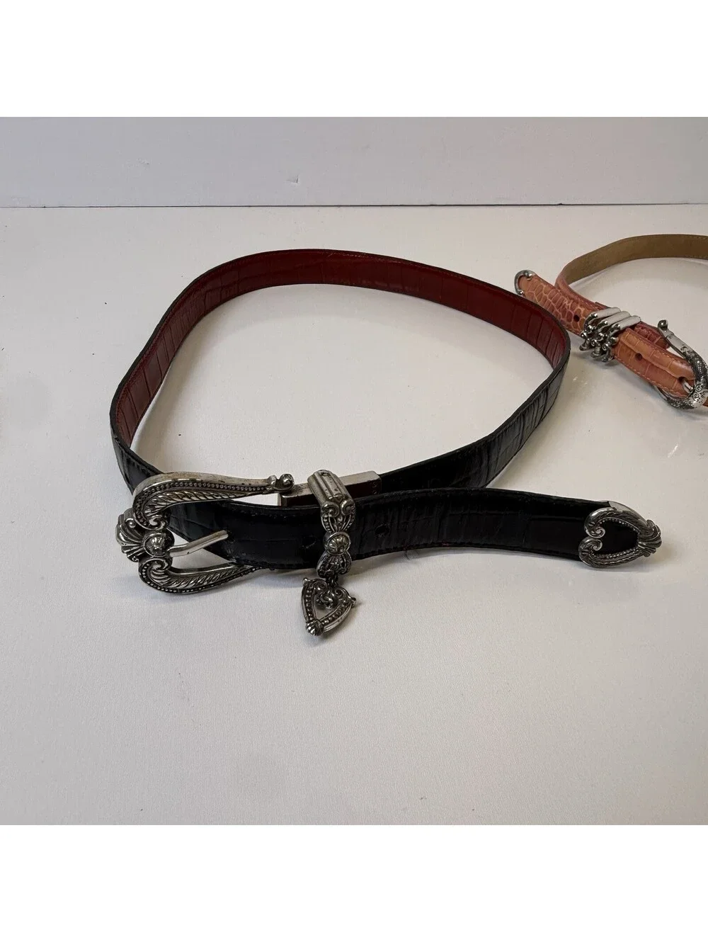 Vintage Lot Brighton Belt 30 M Heart Reversible Red Black Pink Leather Silver